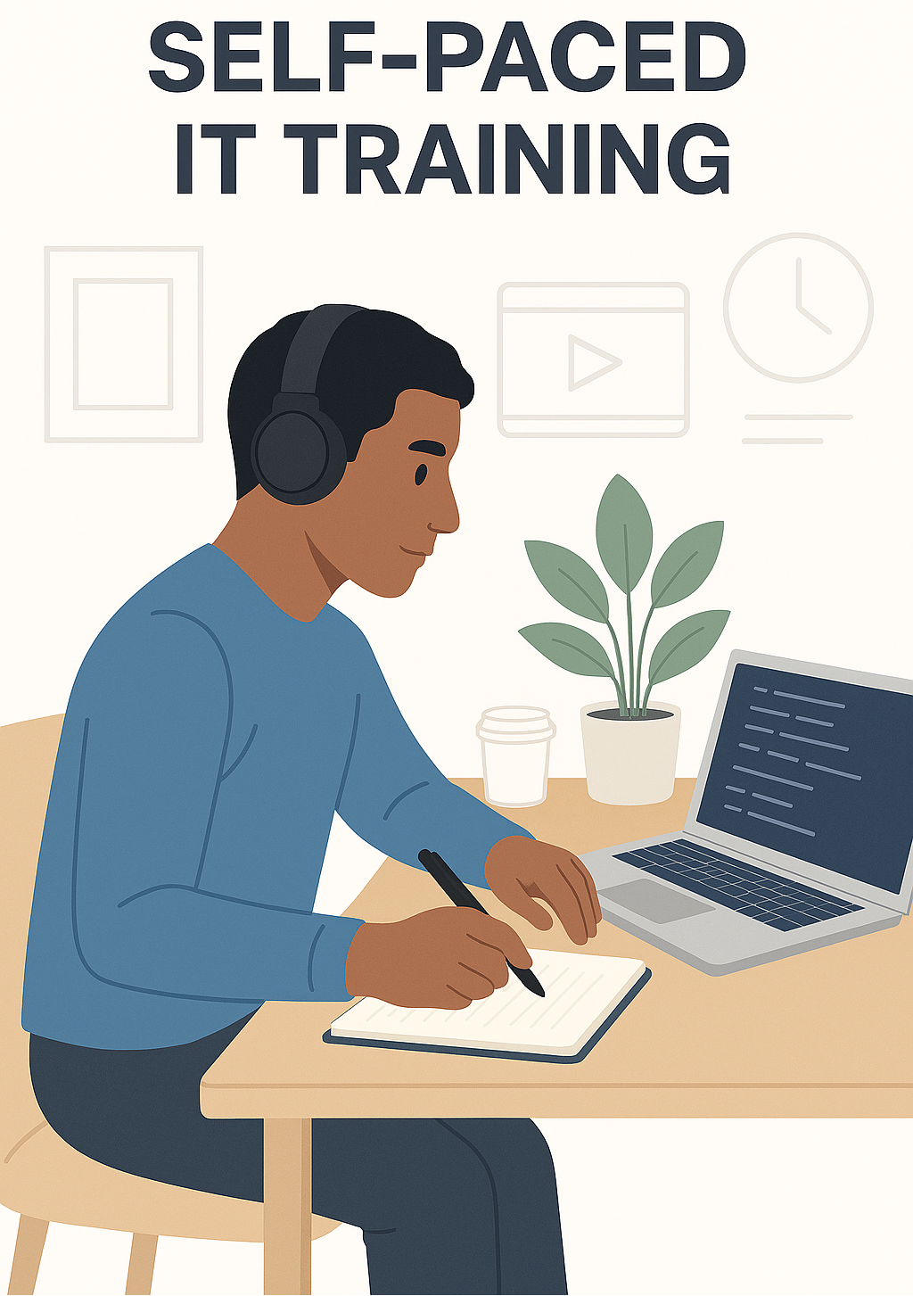 Person with headphones sitting at a desk with a laptop and notes, with text 'Self-Paced IT Training'.